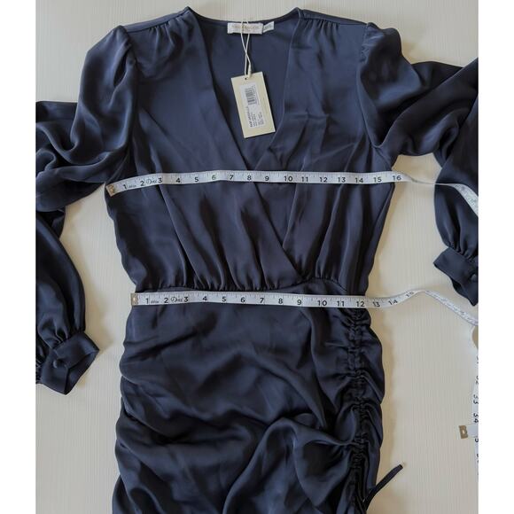 Ramy Brook NWT Foxy Blue Satin Ruched V-Neck Mini Dress Long Sleeve Size 2 - Picture 10 of 13